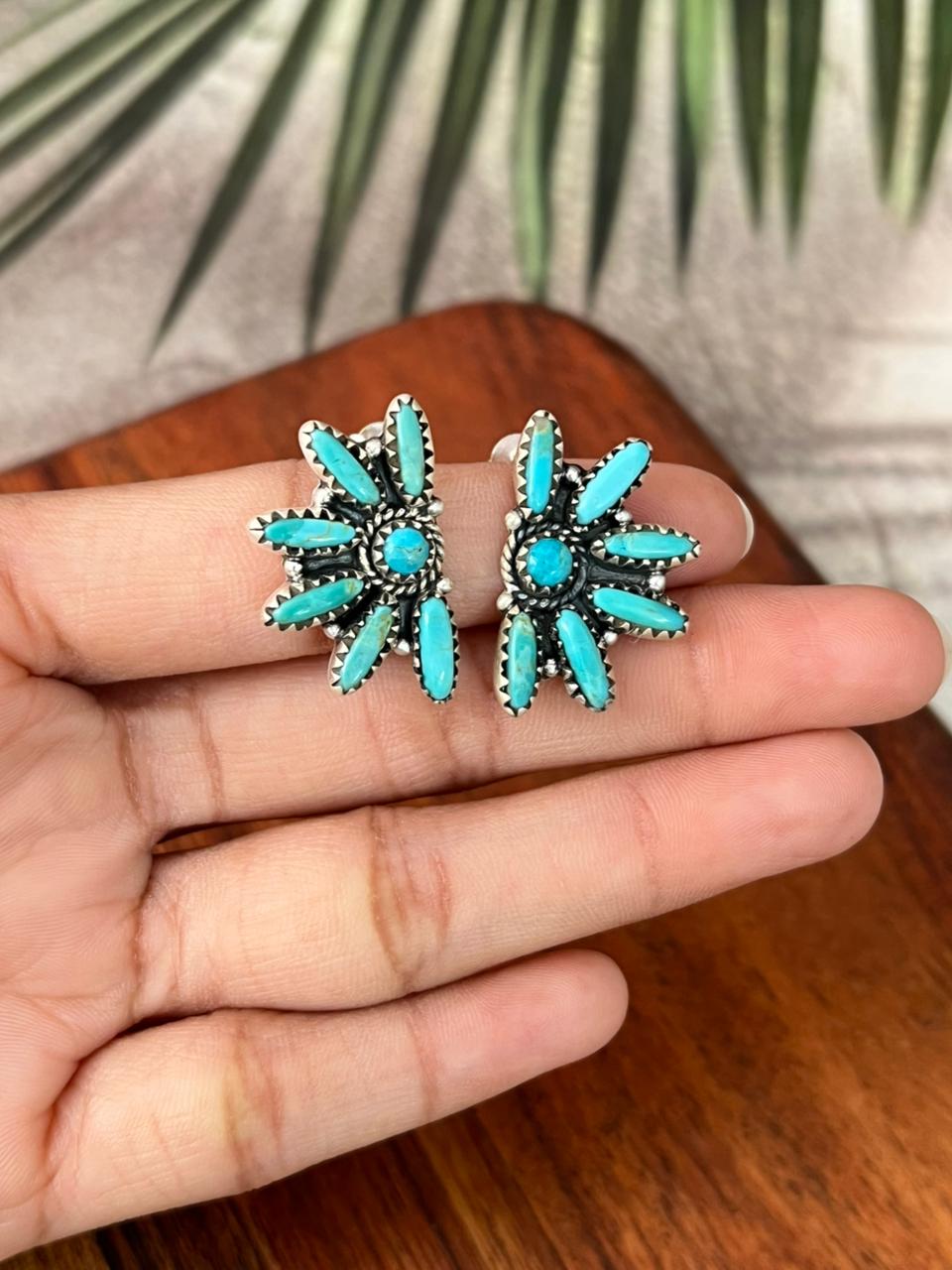 Handmade Sterling Silver Kingman Turquoise Post Studs Earrings "Signed Nizhoni"