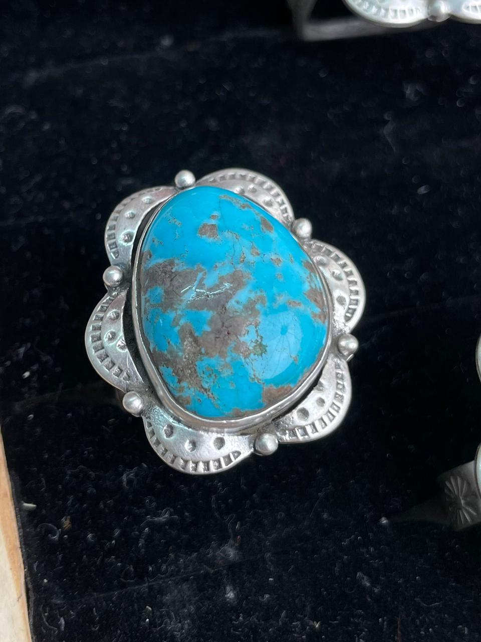 Handmade Sterling Silver Kingman Turquoise Collection: Adjustable Ring "Signed Nizhoni" (8)