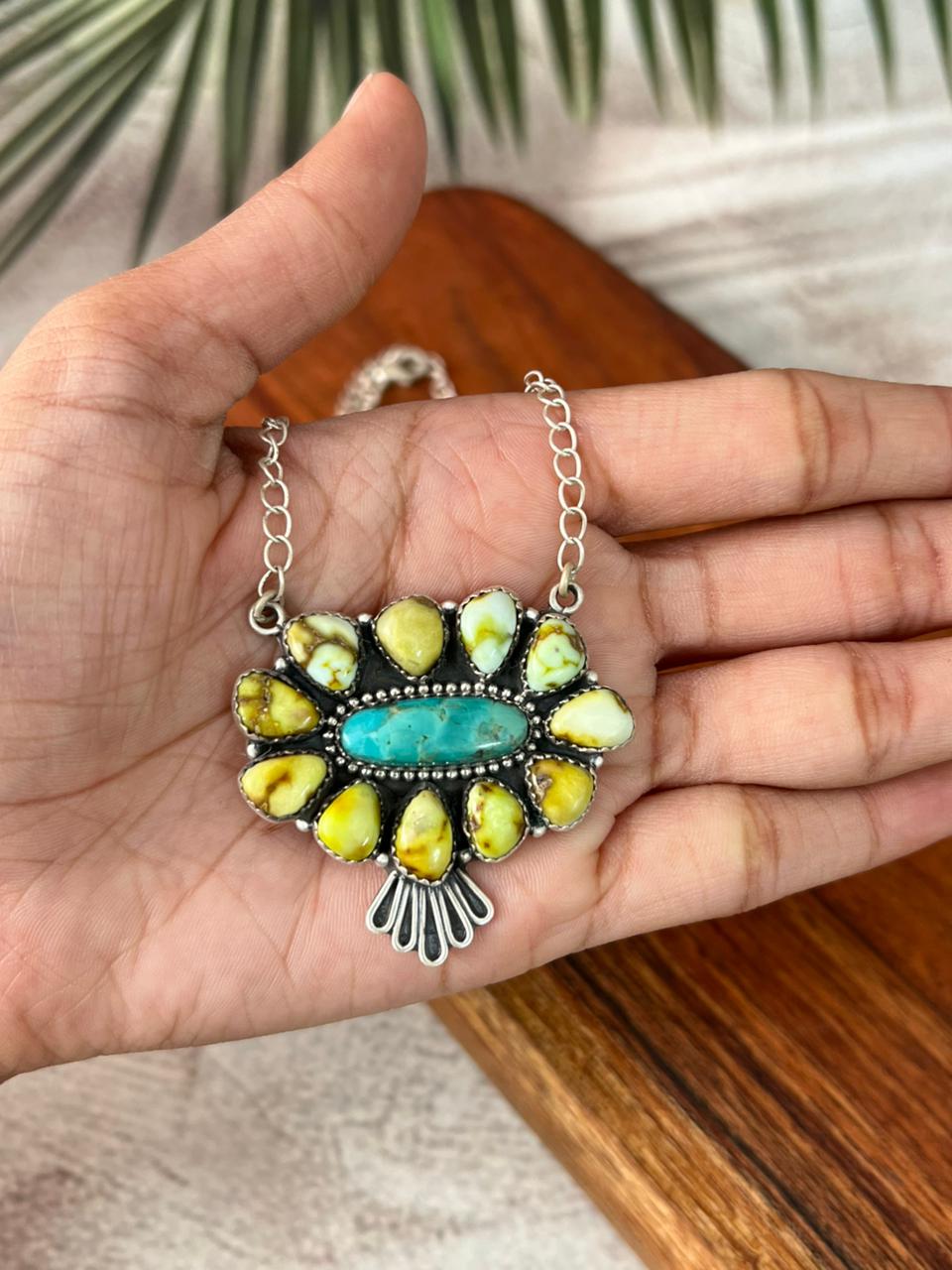 Handmade Sterling Silver Palomino with Kingman Turquoise Necklace "Signed Nizhoni"
