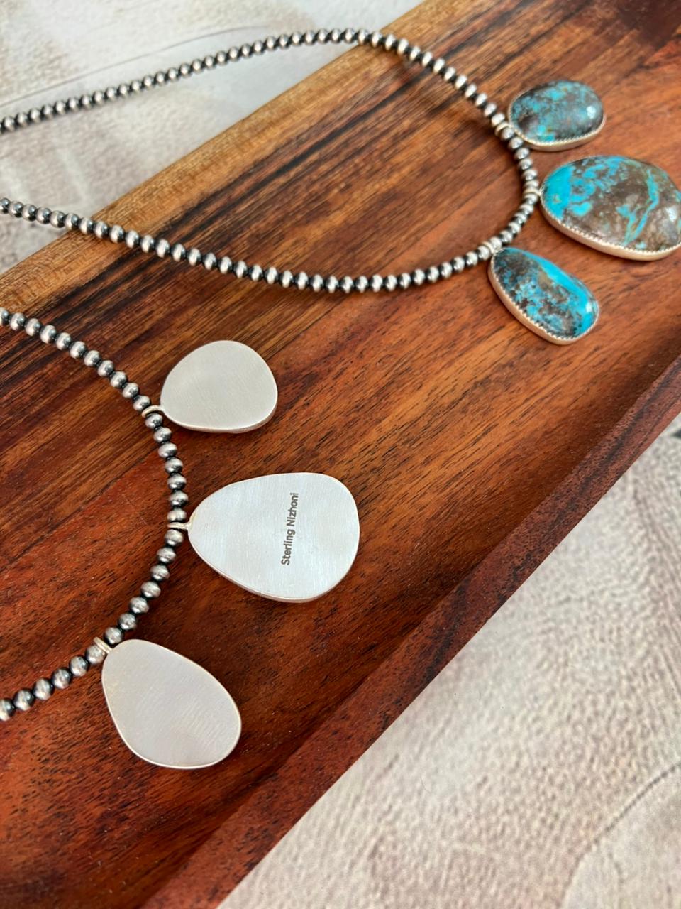 Handmade Sterling Silver Kingman Turquoise Collection: Beaded Necklace "Signed Nizhoni" (3)