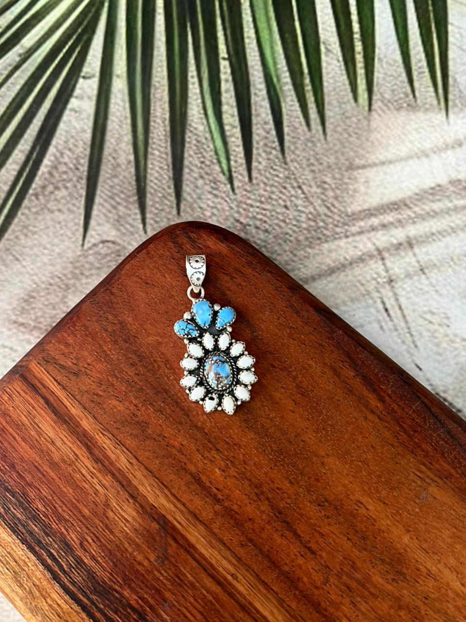 Handmade Sterling Silver White Buffalo with Golden Hills Turquoise Pendant "Signed Nizhoni"