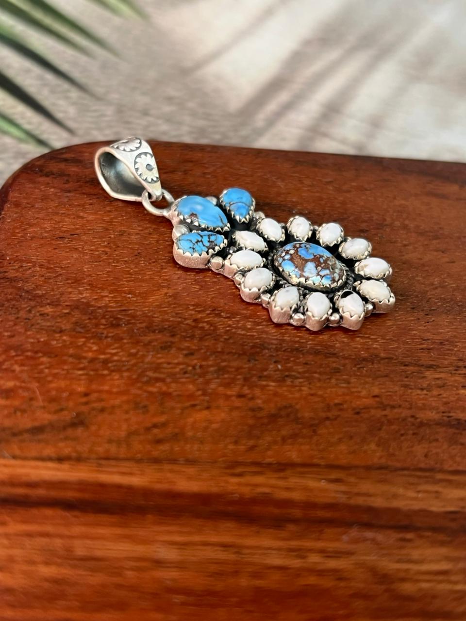 Handmade Sterling Silver White Buffalo with Golden Hills Turquoise Pendant "Signed Nizhoni"