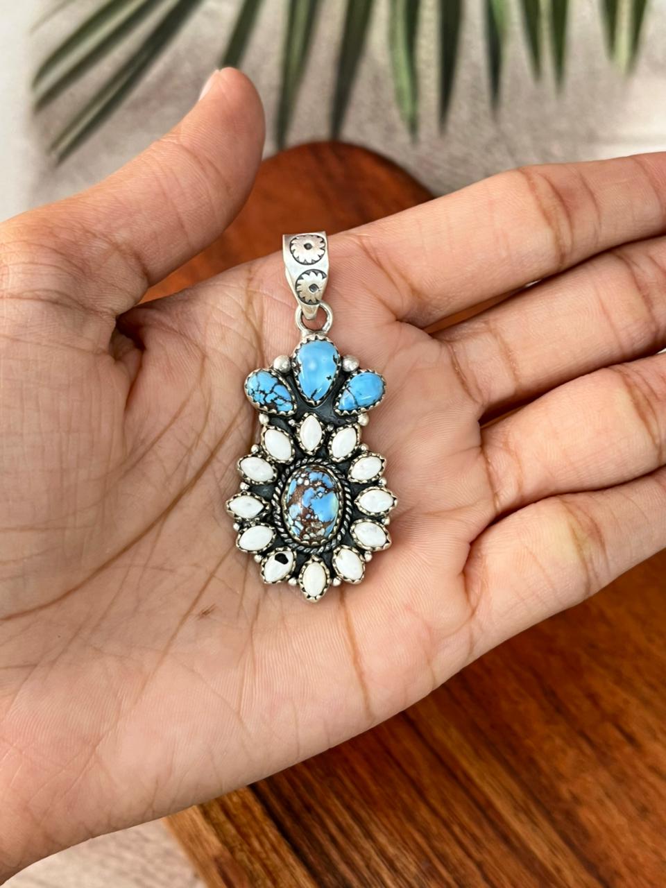 Handmade Sterling Silver White Buffalo with Golden Hills Turquoise Pendant "Signed Nizhoni"