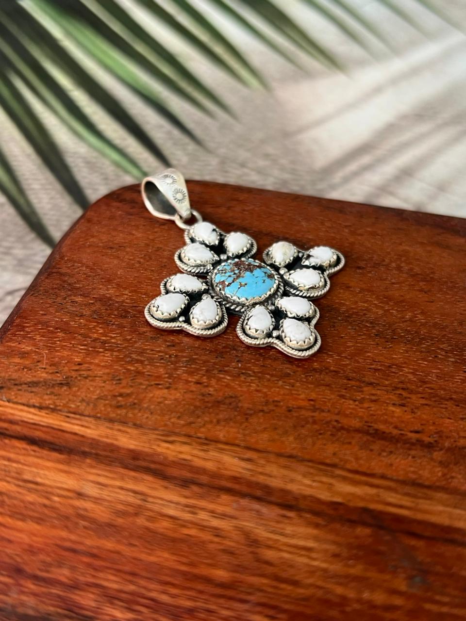 Handmade Sterling Silver White Buffalo with Golden Hills Turquoise Pendant "Signed Nizhoni"