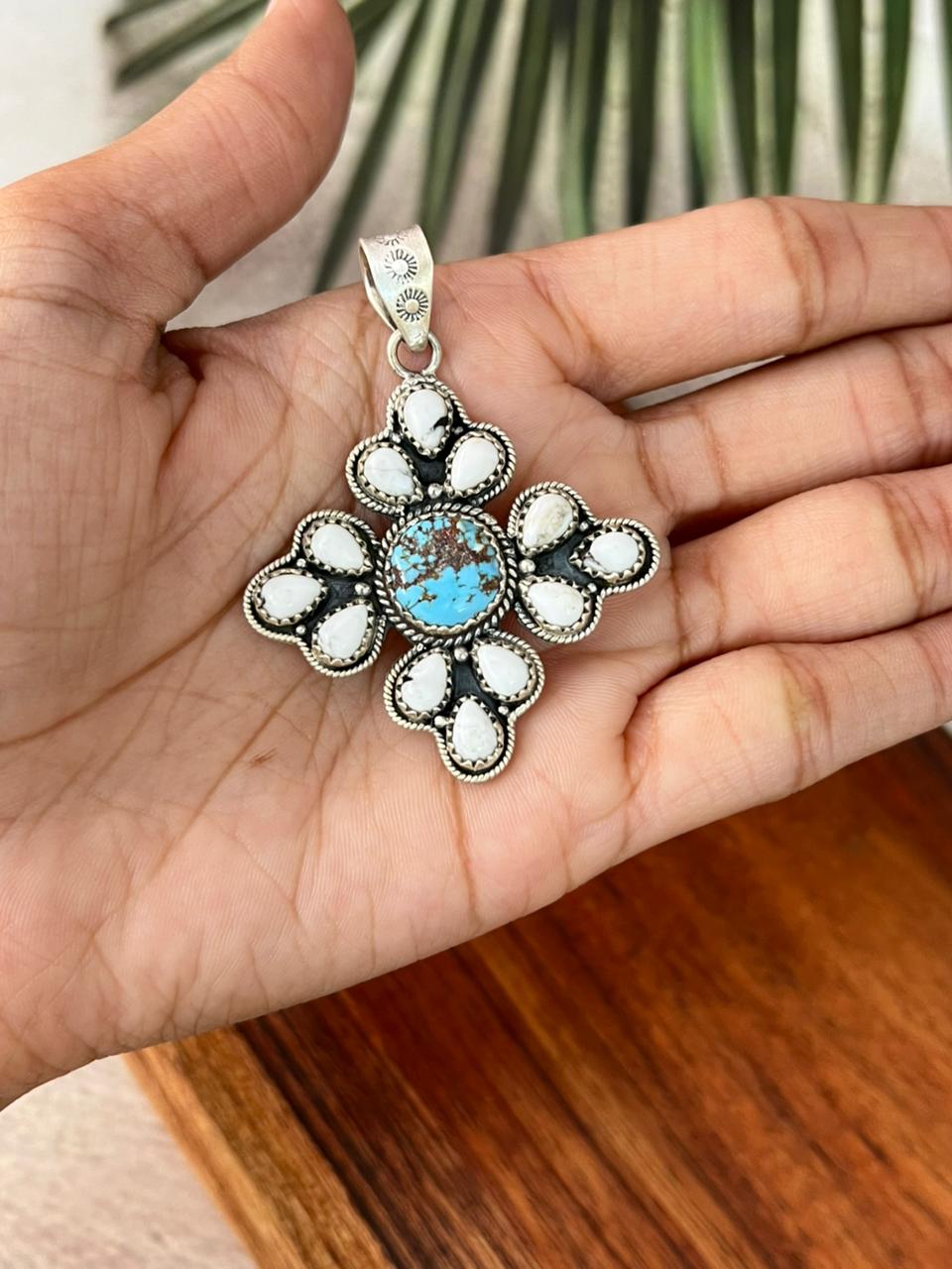 Handmade Sterling Silver White Buffalo with Golden Hills Turquoise Pendant "Signed Nizhoni"