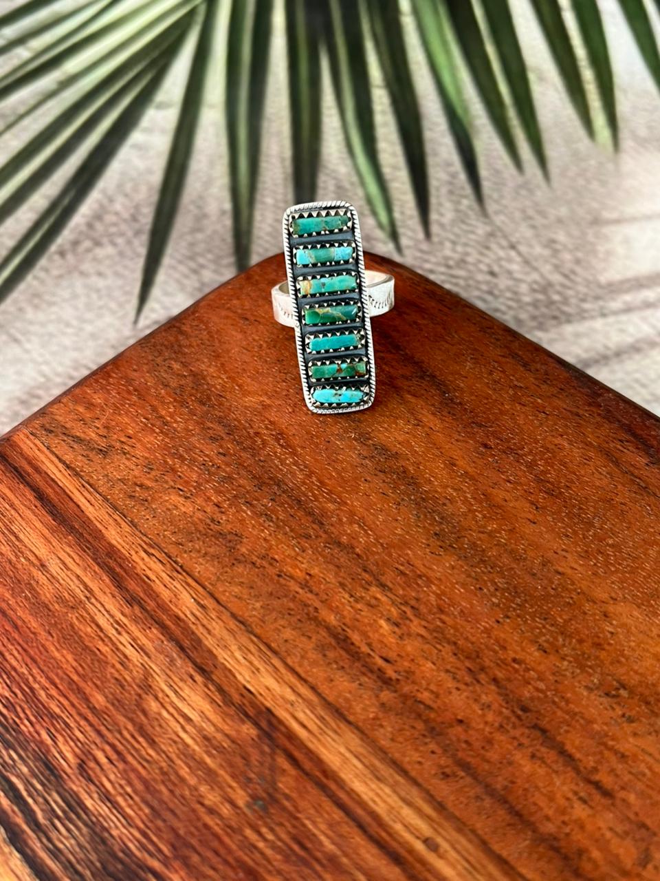 Handmade Sterling Silver Kingman Turquoise Adjustable Bar Ring "Signed Nizhoni"