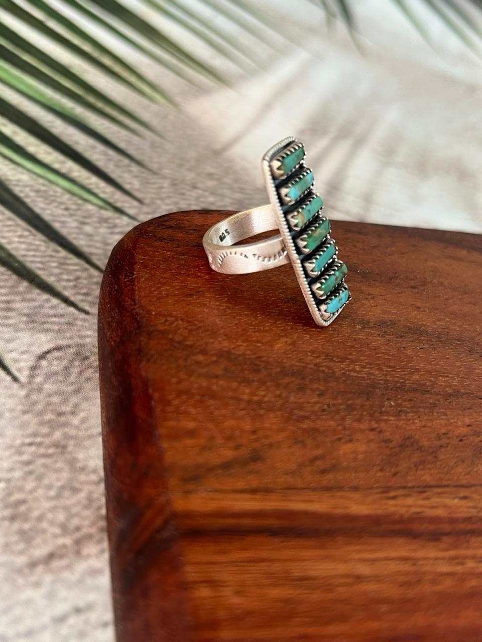 Handmade Sterling Silver Kingman Turquoise Adjustable Bar Ring "Signed Nizhoni"