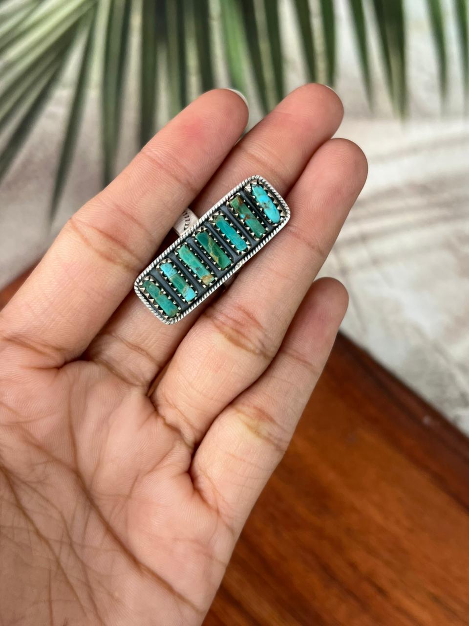 Handmade Sterling Silver Kingman Turquoise Adjustable Bar Ring "Signed Nizhoni"