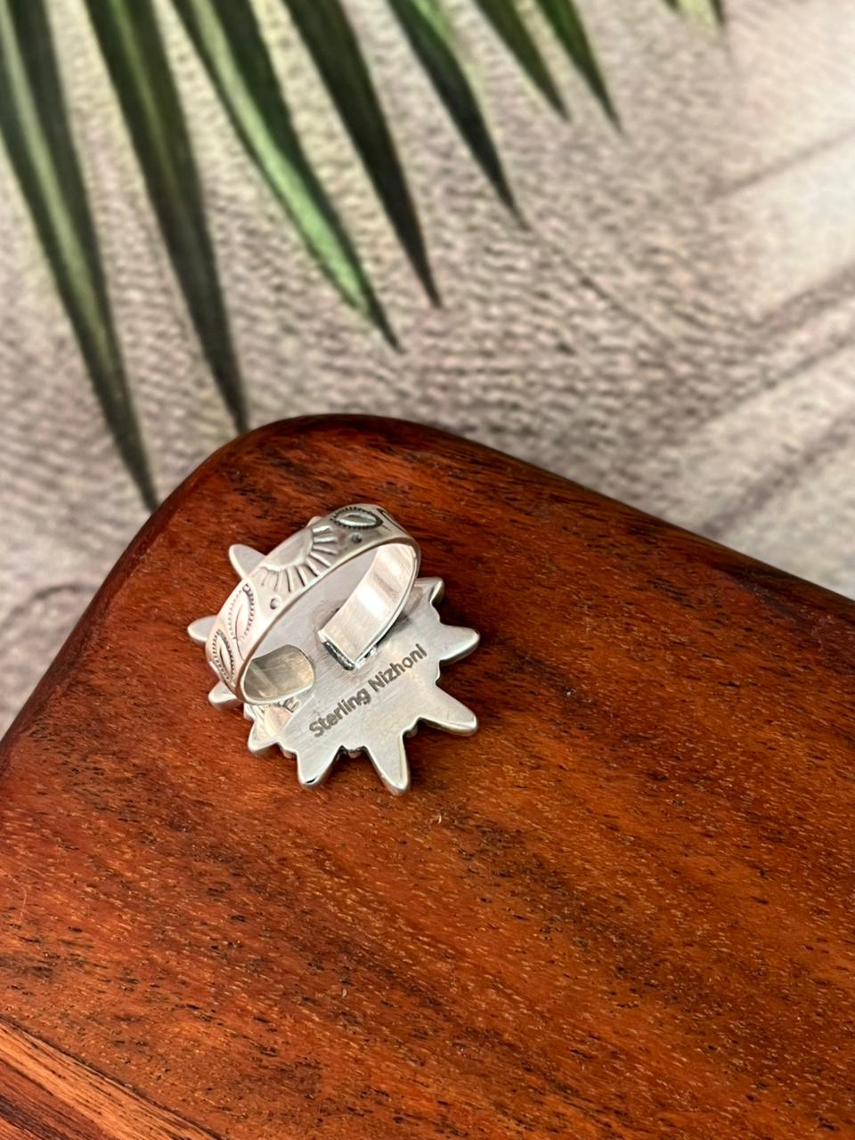 Handmade Sterling Silver Kingman Turquoise Adjustable Ring "Signed Nizhoni"