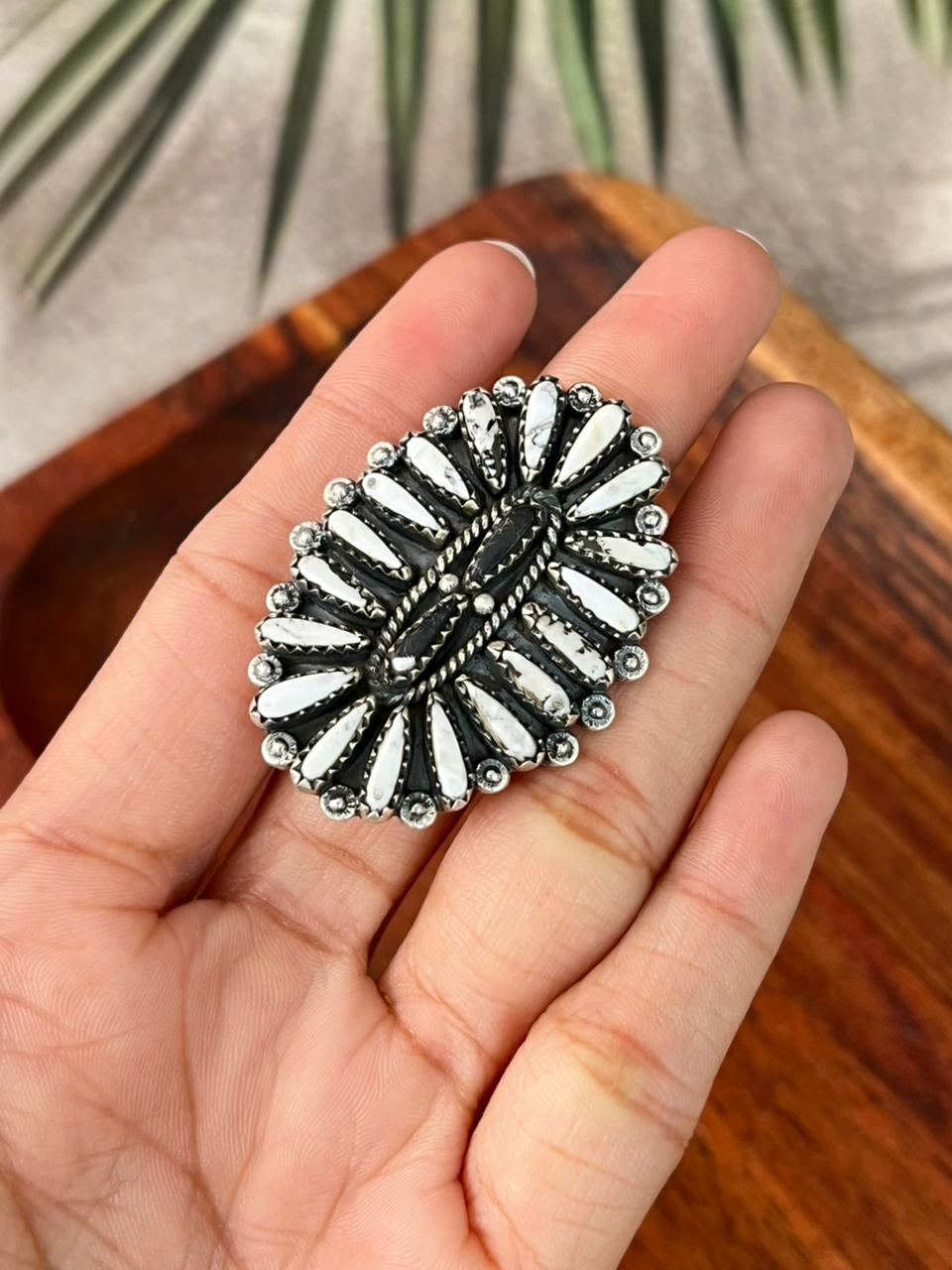 Handmade Sterling Silver White Buffalo Adjustable Ring "Signed Nizhoni"
