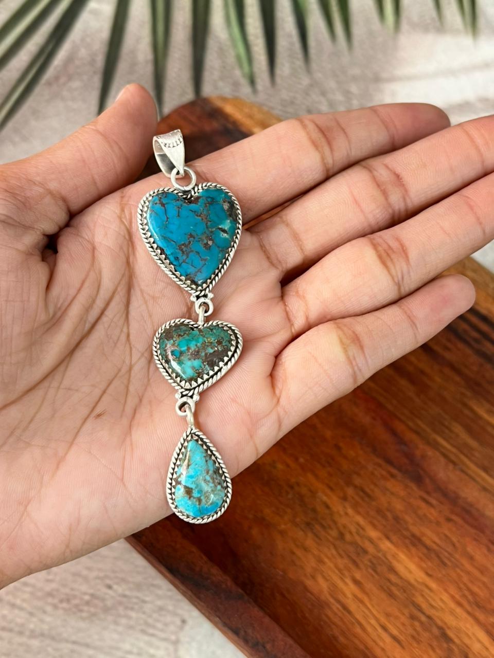 Handmade Sterling Silver Manassa Turquoise Heart Pendant "Signed Nizhoni"
