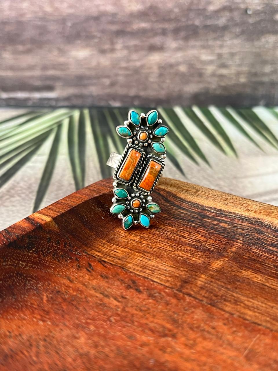Handmade Sterling Silver Kingman Turquoise with Orange Mojave Adjustable Ring "Signed Nizhoni"