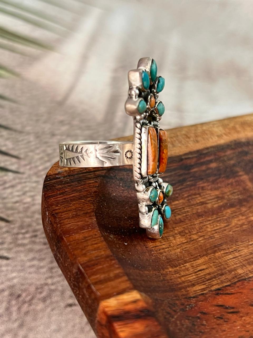 Handmade Sterling Silver Kingman Turquoise with Orange Mojave Adjustable Ring "Signed Nizhoni"