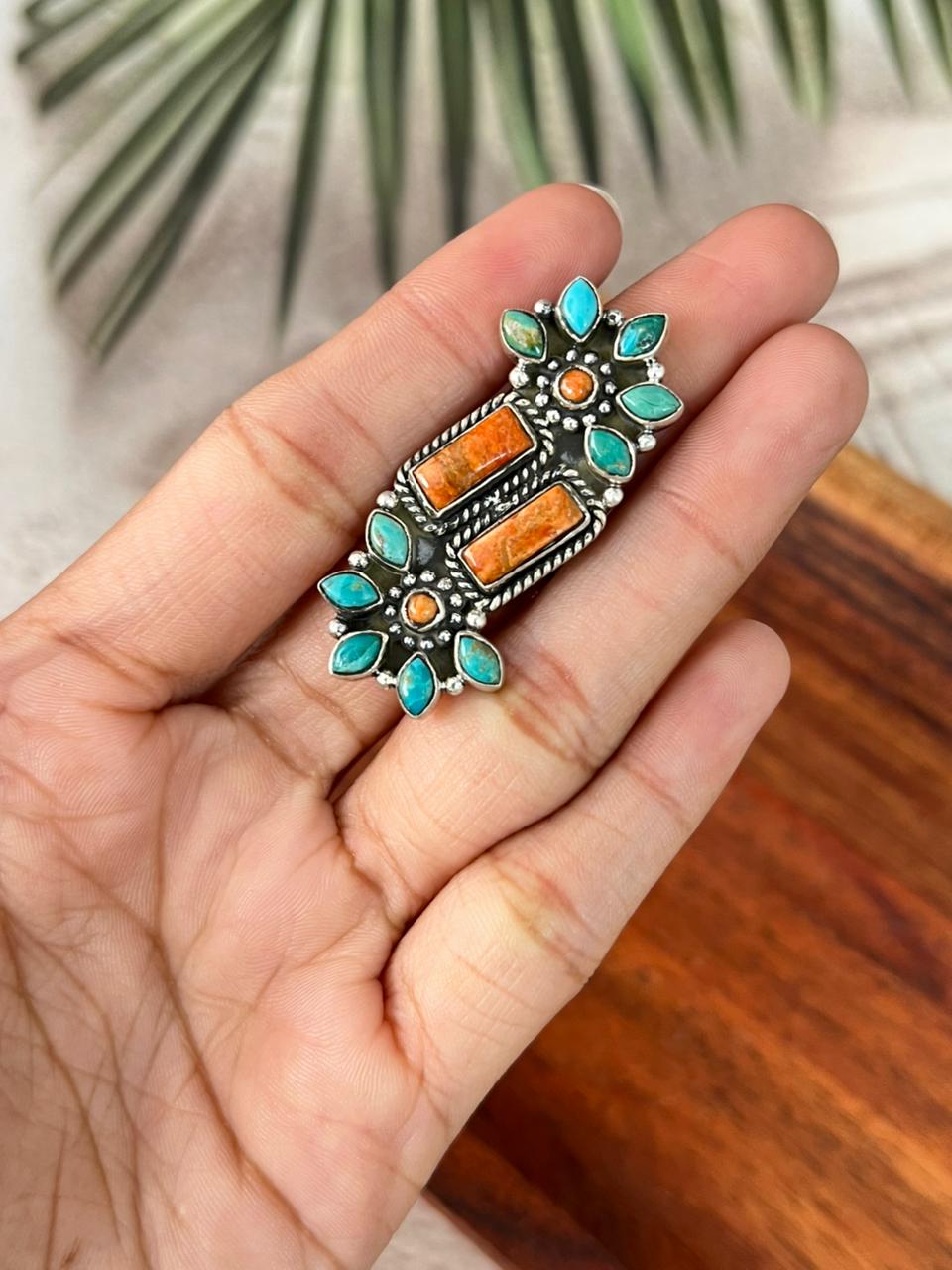 Handmade Sterling Silver Kingman Turquoise with Orange Mojave Adjustable Ring "Signed Nizhoni"
