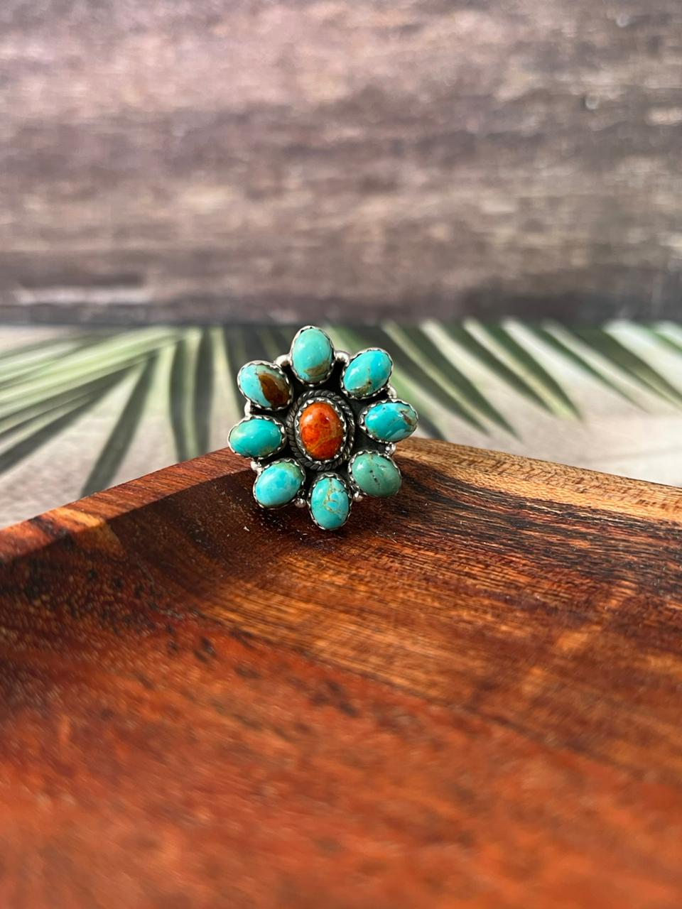 Handmade Sterling Silver Kingman Turquoise with Orange Mojave Adjustable Ring "Signed Nizhoni"