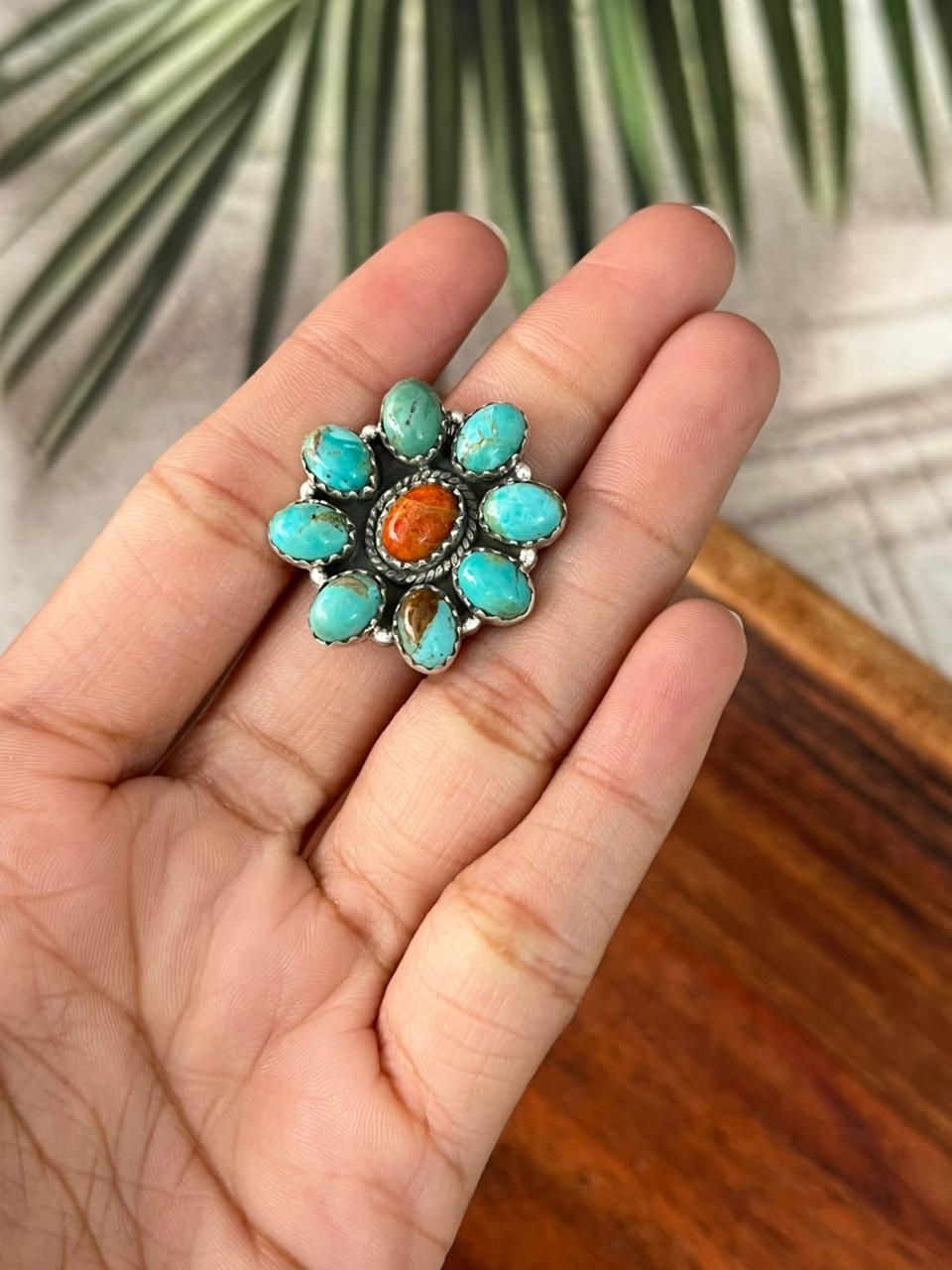 Handmade Sterling Silver Kingman Turquoise with Orange Mojave Adjustable Ring "Signed Nizhoni"