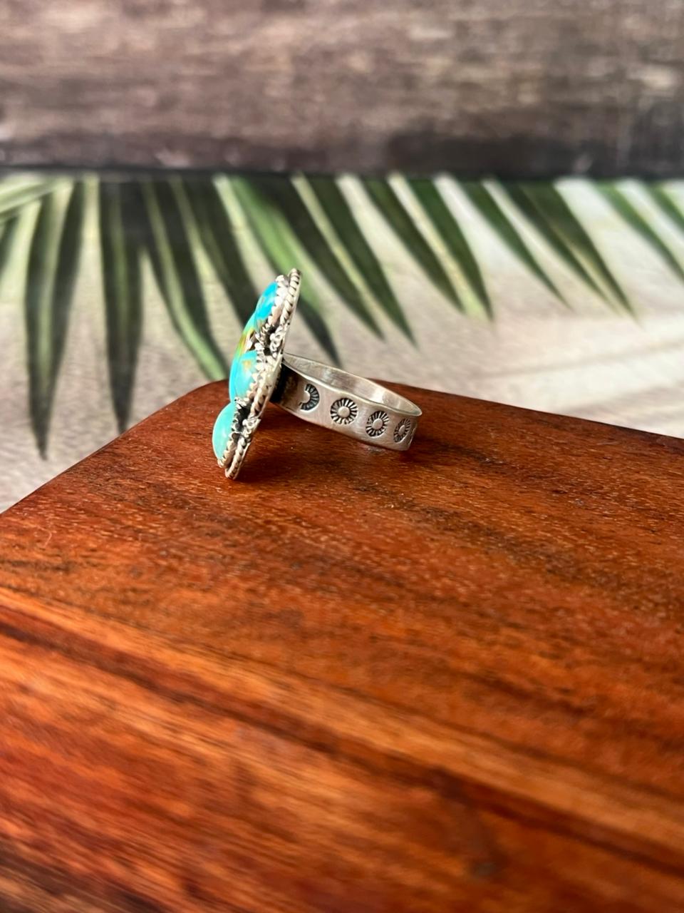 Handmade Sterling Silver Santa Maria Turquoise Adjustable Ring "Signed Nizhoni"