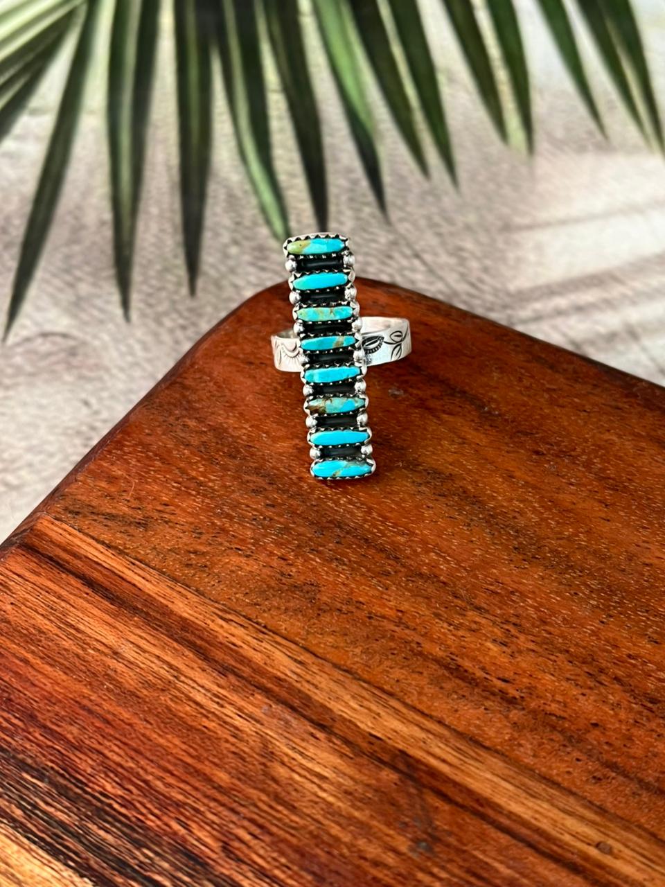 Handmade Sterling Silver Kingman Turquoise Adjustable Bar Ring "Signed Nizhoni"