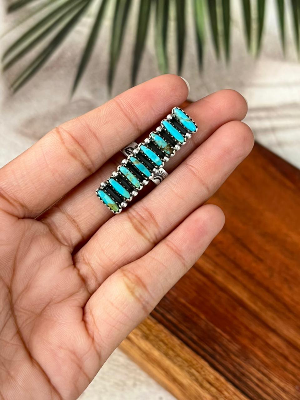 Handmade Sterling Silver Kingman Turquoise Adjustable Bar Ring "Signed Nizhoni"
