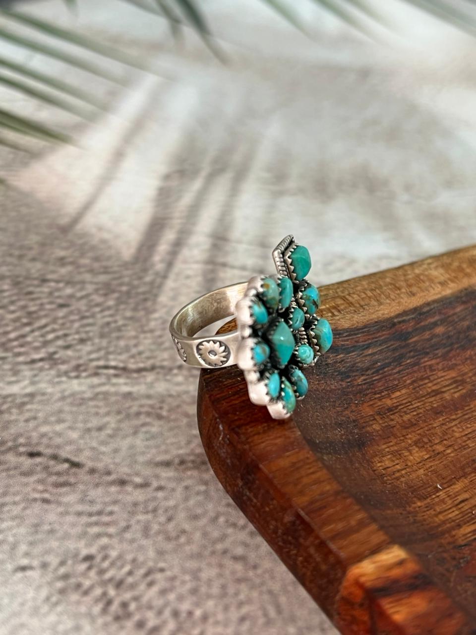 Handmade Sterling Silver Kingman Turquoise Adjustable Ring "Signed Nizhoni"