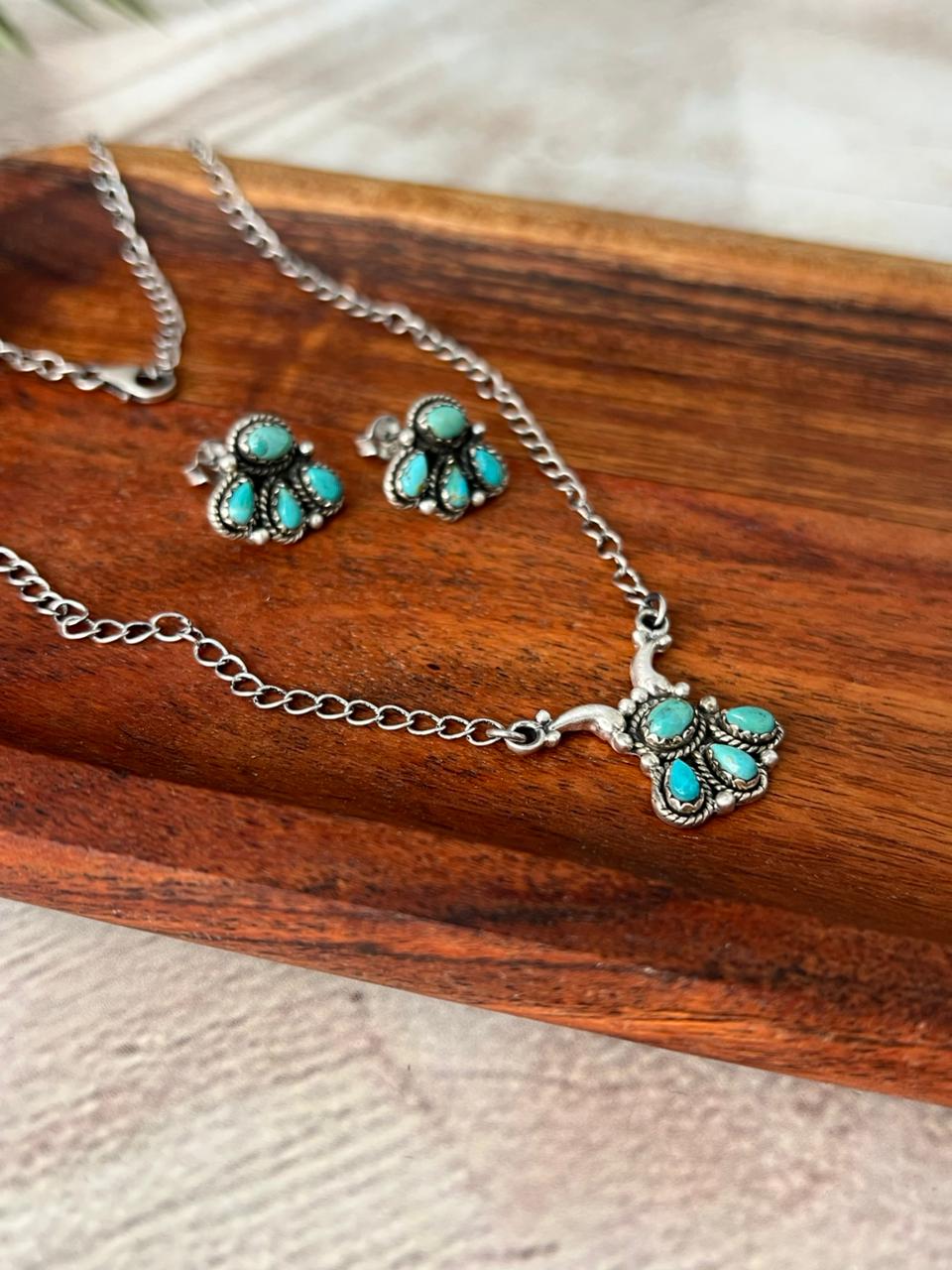 Handmade Sterling Silver Kingman Turquoise Necklace Earrings Set "Signed Nizhoni"