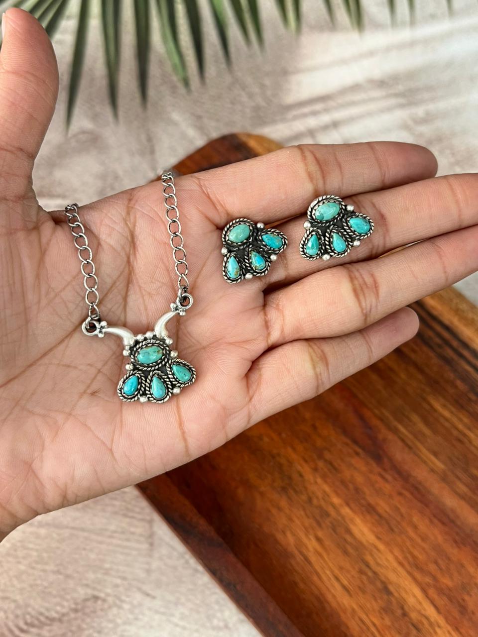Handmade Sterling Silver Kingman Turquoise Necklace Earrings Set "Signed Nizhoni"