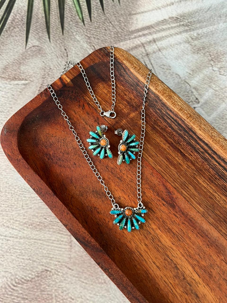 Handmade Sterling Silver Kingman Turquoise with Orange Mojave Necklace Earrings Set "Signed Nizhoni"