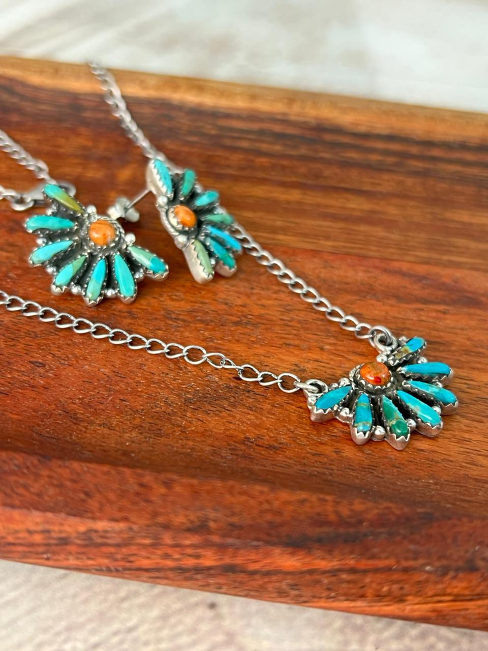 Handmade Sterling Silver Kingman Turquoise with Orange Mojave Necklace Earrings Set "Signed Nizhoni"