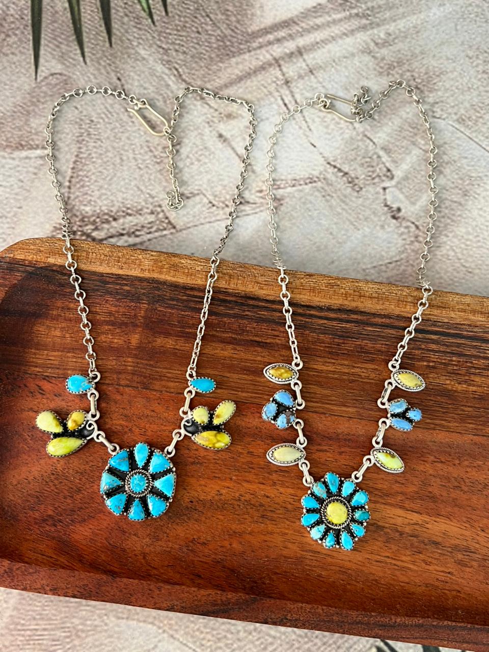 Handmade Sterling Silver Palomino with Golden Hills, Sierra Bella and Paloma Turquoise Necklace "Signed Nizhoni"
