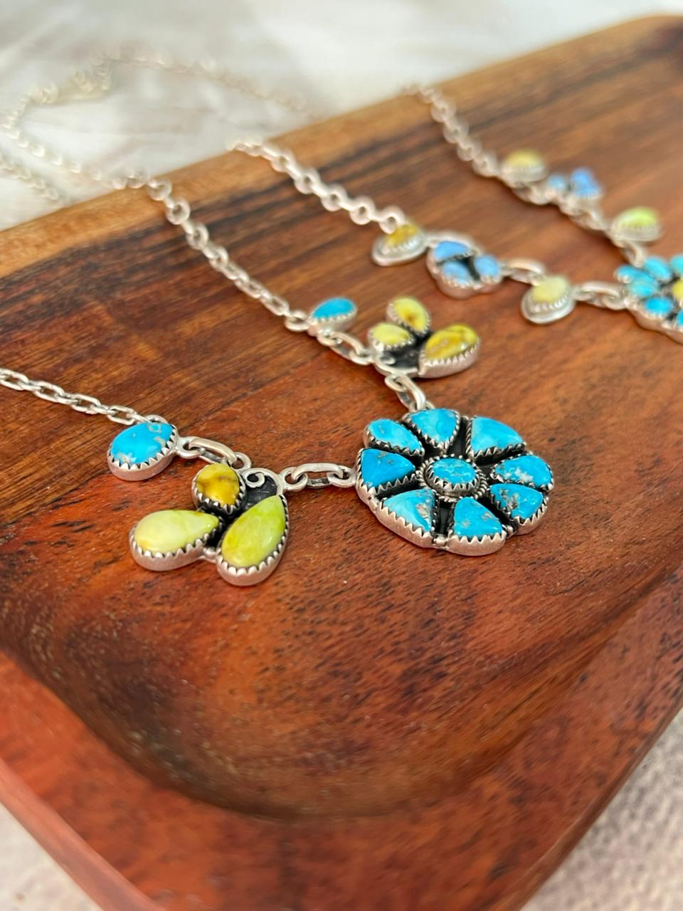 Handmade Sterling Silver Palomino with Golden Hills, Sierra Bella and Paloma Turquoise Necklace "Signed Nizhoni"