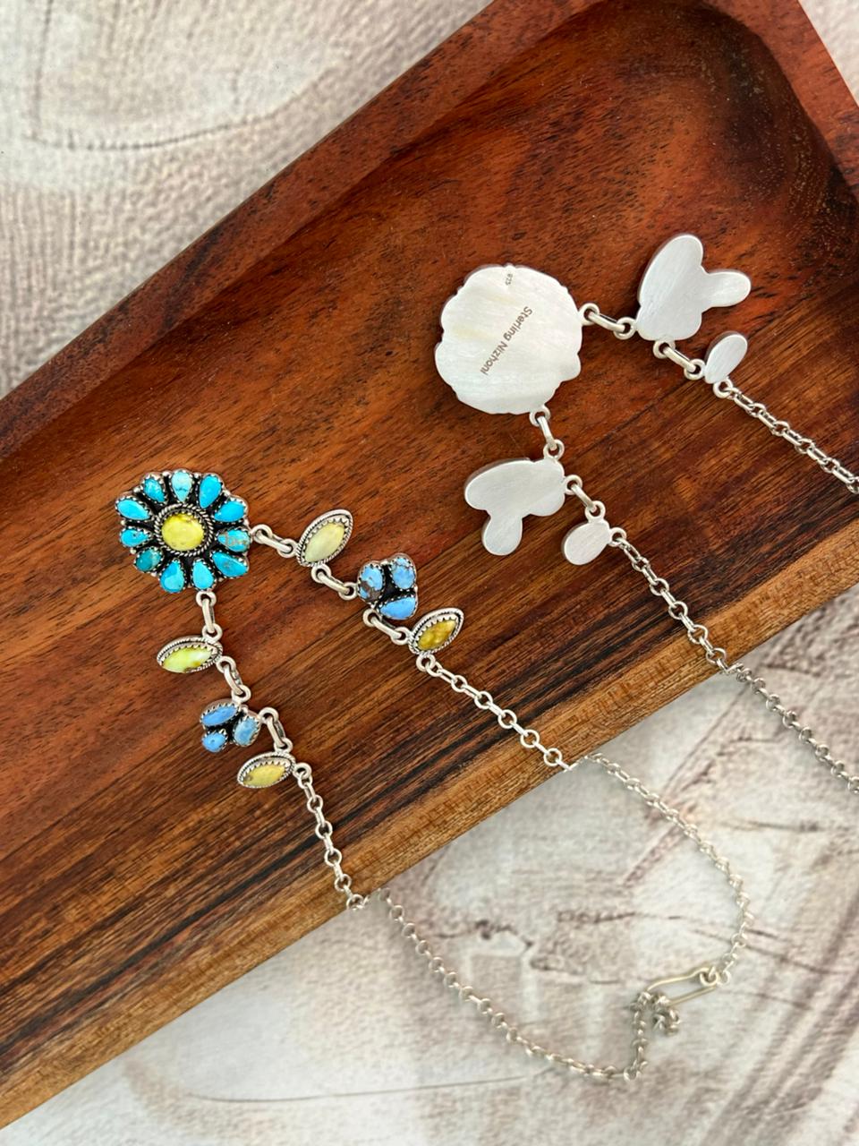 Handmade Sterling Silver Palomino with Golden Hills, Sierra Bella and Paloma Turquoise Necklace "Signed Nizhoni"