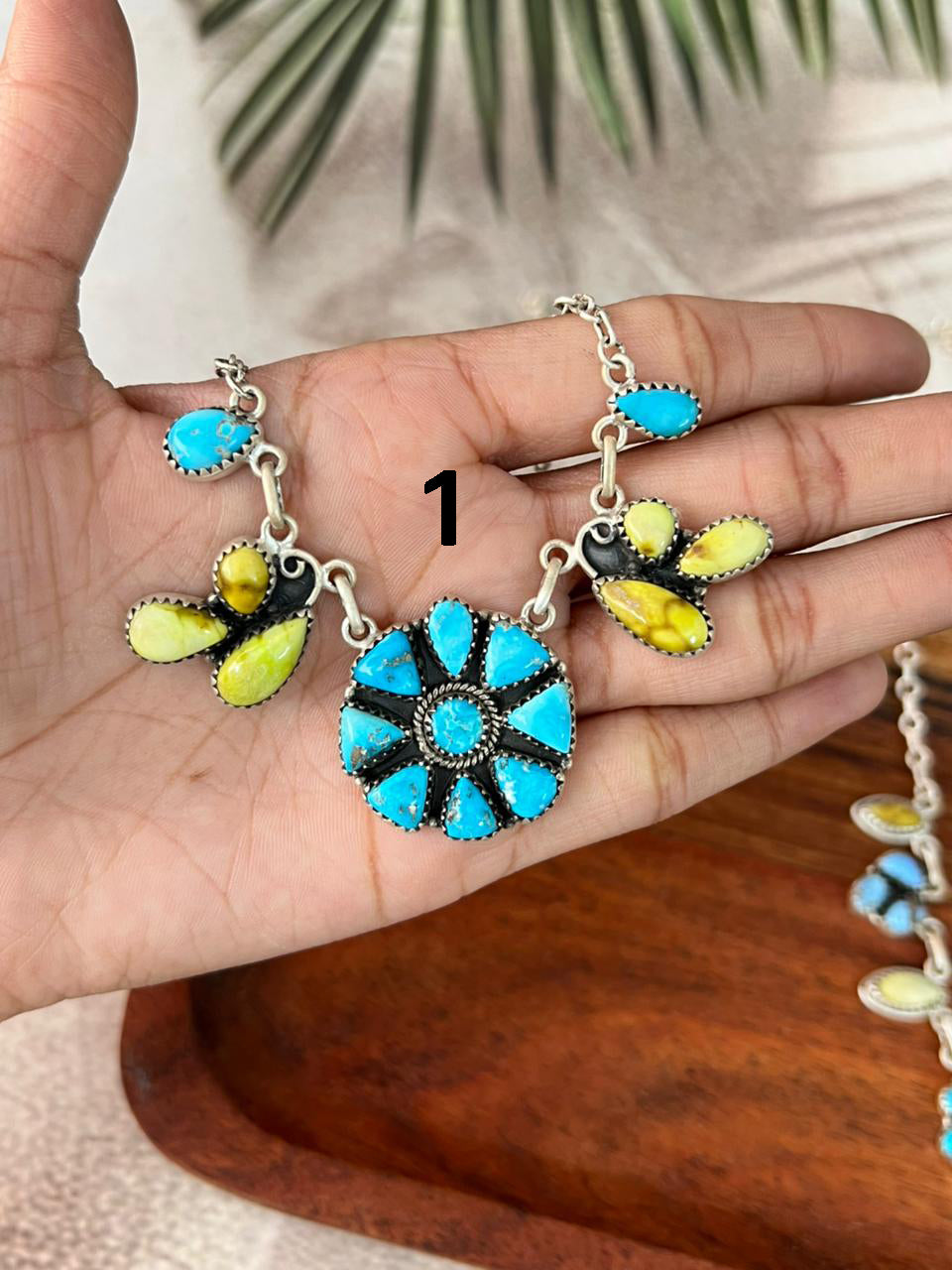 Handmade Sterling Silver Palomino with Golden Hills, Sierra Bella and Paloma Turquoise Necklace "Signed Nizhoni"