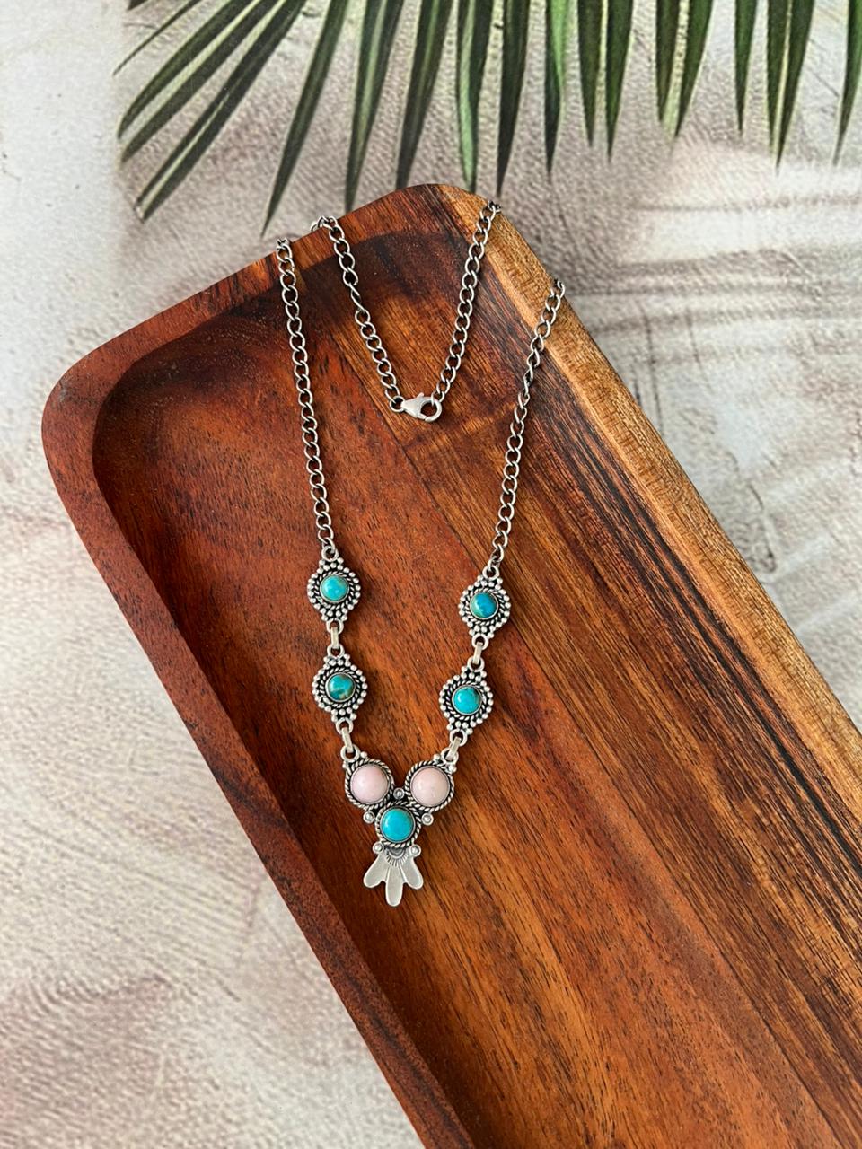 Handmade Sterling Silver Pink Opal with Kingman Turquoise Necklace Signed Nizhoni
