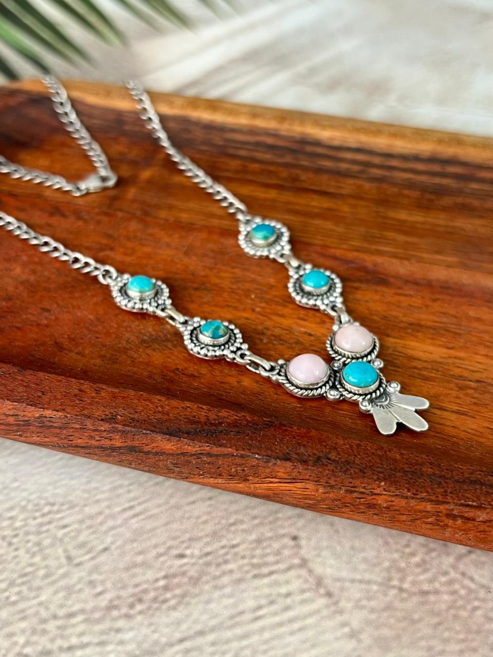 Handmade Sterling Silver Pink Opal with Kingman Turquoise Necklace Signed Nizhoni