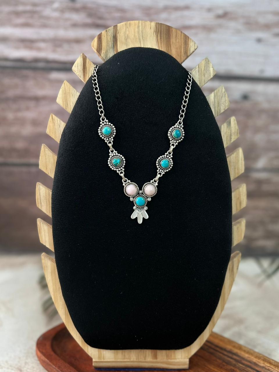 Handmade Sterling Silver Pink Opal with Kingman Turquoise Necklace Signed Nizhoni