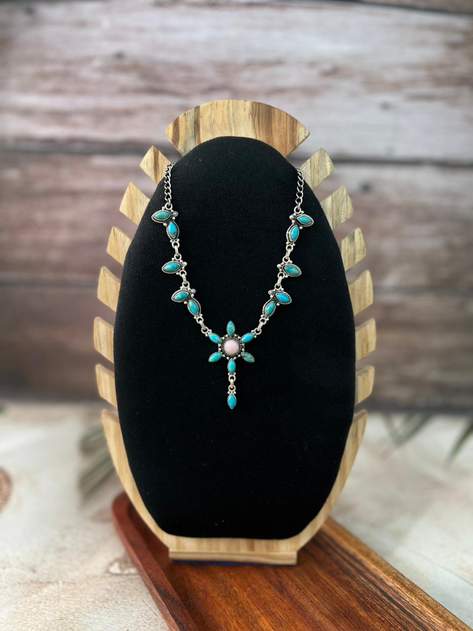 Handmade Sterling Silver Pink Opal with Kingman Turquoise Necklace Signed Nizhoni