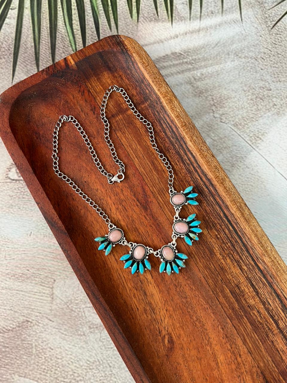 Handmade Sterling Silver Pink Opal with Kingman Turquoise Necklace Signed Nizhoni