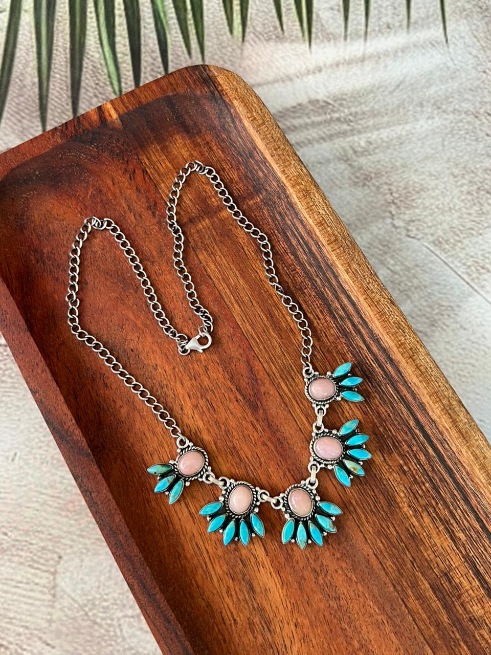 Handmade Sterling Silver Pink Opal with Kingman Turquoise Necklace Signed Nizhoni