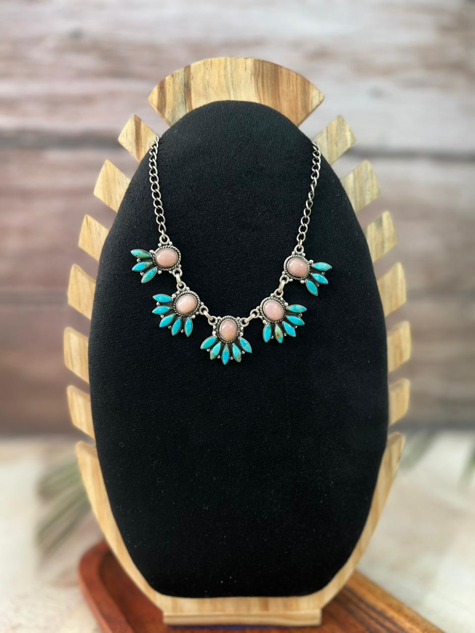 Handmade Sterling Silver Pink Opal with Kingman Turquoise Necklace Signed Nizhoni