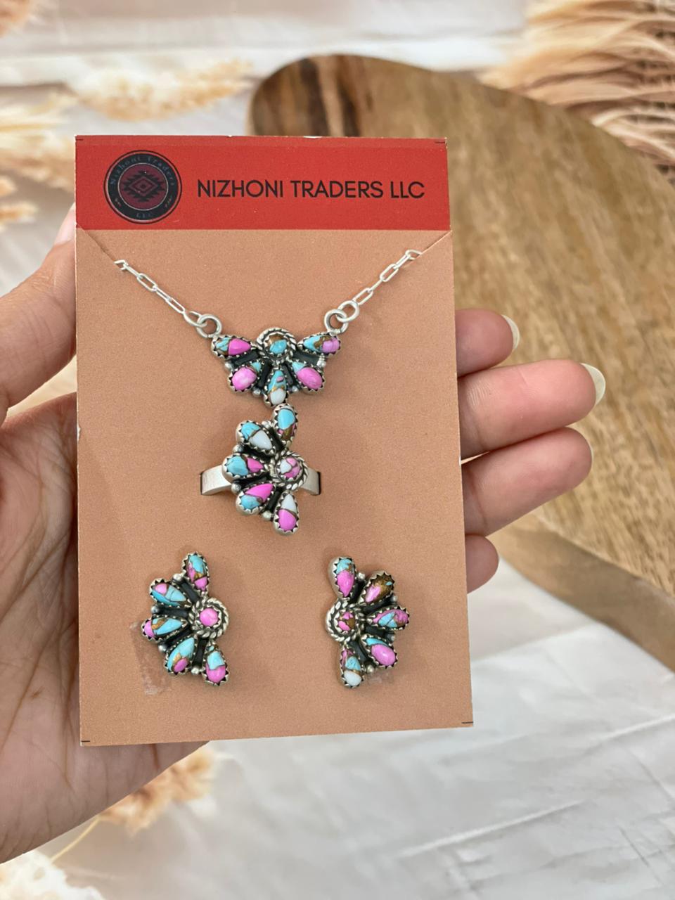 Handmade Sterling Silver Cotton Candy Necklace, Ring And Earrings Card Set