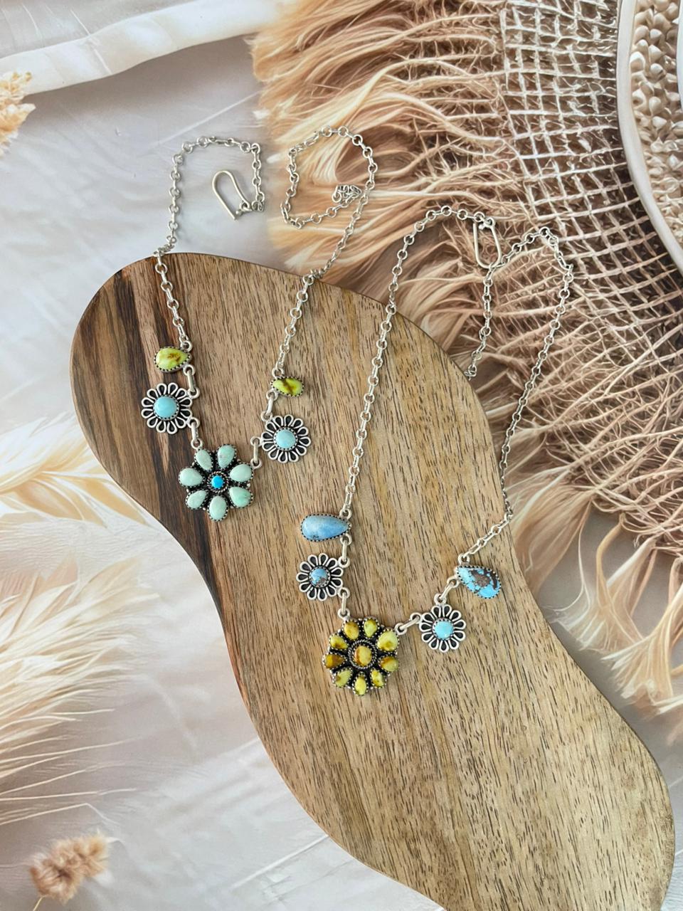 Handmade Sterling Silver Palomino with Golden Hills, Sierra Bella and Paloma Turquoise Necklace Signed Nizhoni (1)