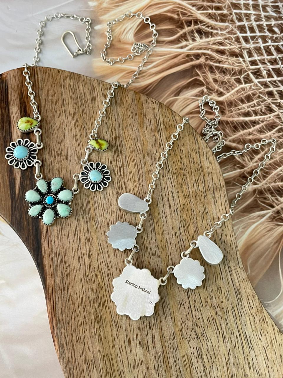 Handmade Sterling Silver Palomino with Golden Hills, Sierra Bella and Paloma Turquoise Necklace Signed Nizhoni (1)
