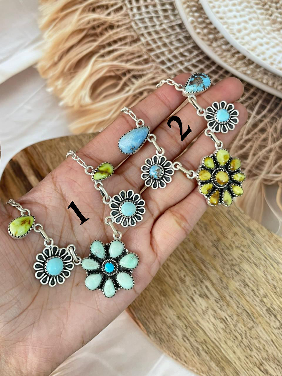 Handmade Sterling Silver Palomino with Golden Hills, Sierra Bella and Paloma Turquoise Necklace Signed Nizhoni (1)