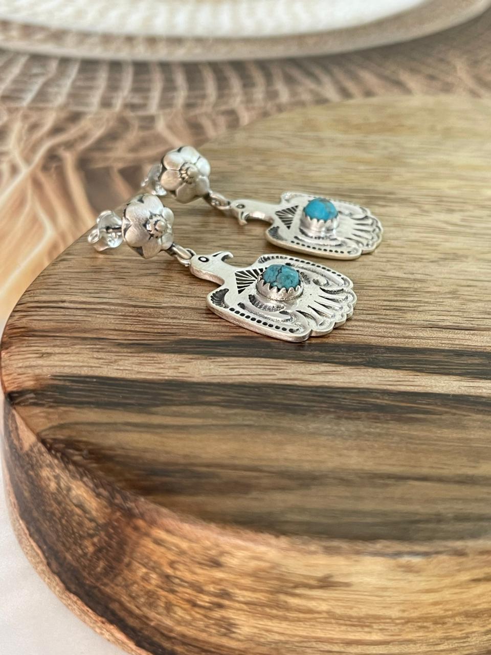 Handmade Sterling Silver Kingman Turquoise Post Dangle Thunderbird Earrings Signed Nizhoni