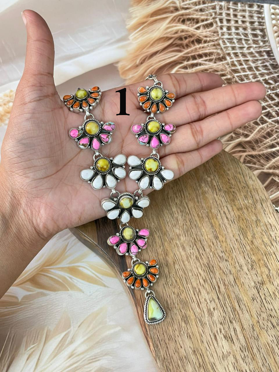Handmade Sterling Silver Cotton Candy with Palomino Turquoise, White Buffalo and Orange Mojave Necklace Signed Nizhoni (3)