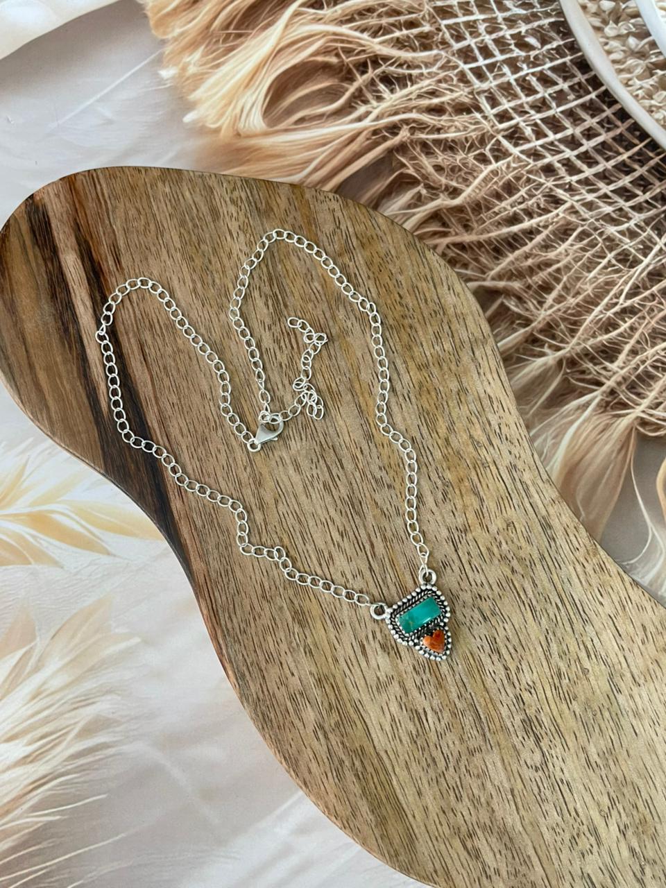 Handmade Sterling Silver Kingman Turquoise with Orange Mojave Necklace Signed Nizhoni
