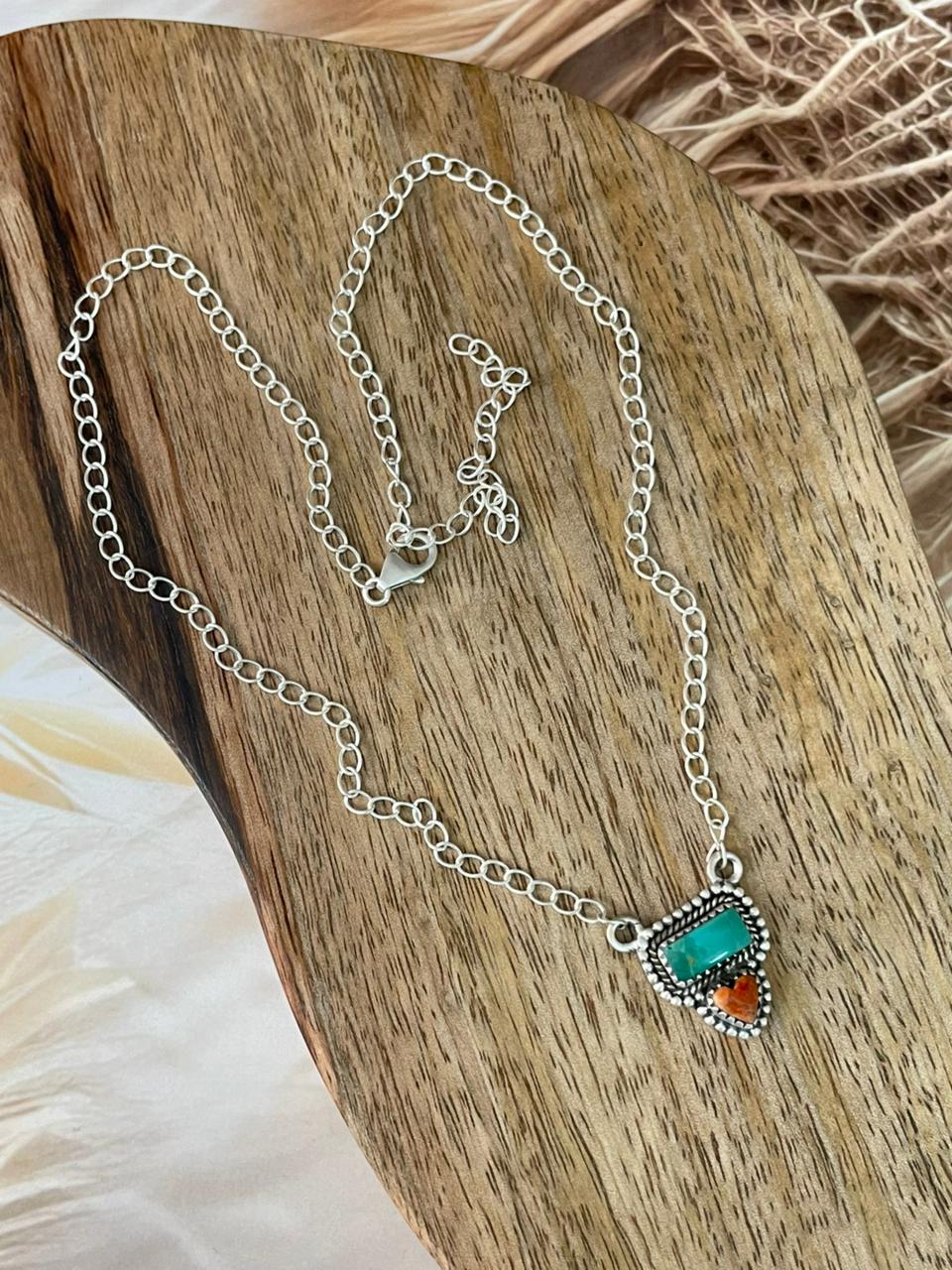 Handmade Sterling Silver Kingman Turquoise with Orange Mojave Necklace Signed Nizhoni