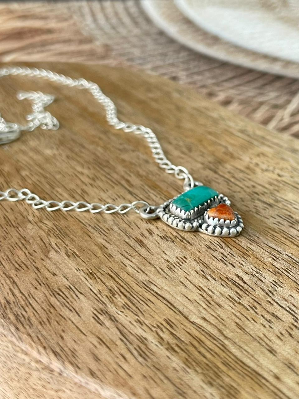 Handmade Sterling Silver Kingman Turquoise with Orange Mojave Necklace Signed Nizhoni
