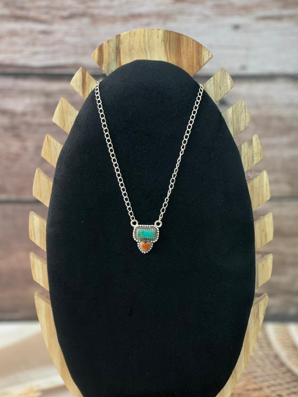 Handmade Sterling Silver Kingman Turquoise with Orange Mojave Necklace Signed Nizhoni