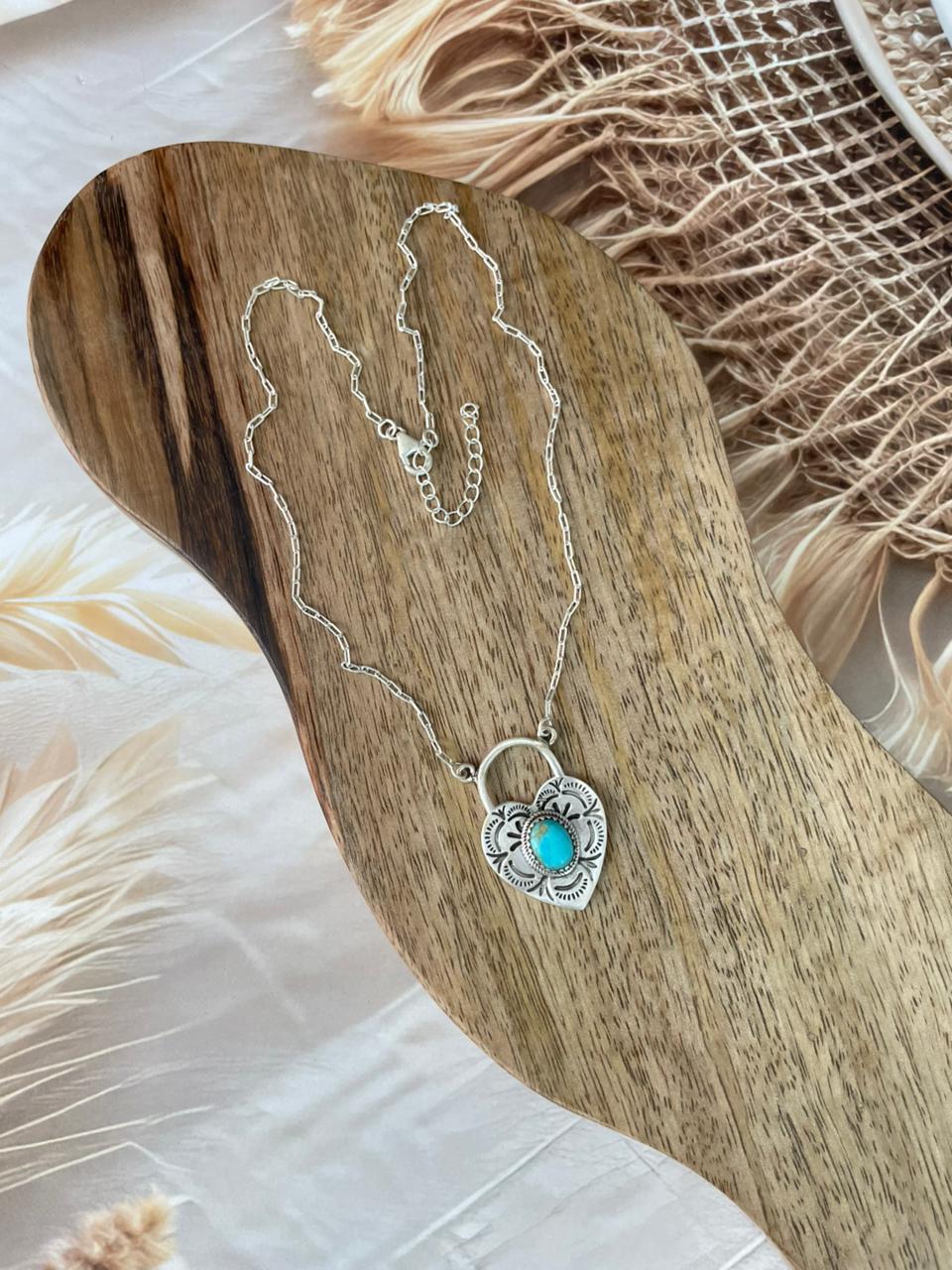 Handmade Sterling Silver Kingman Turquoise Heart Locket Necklace Signed Nizhoni